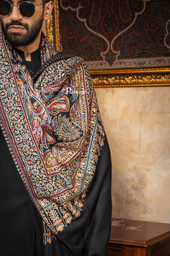 Pashtush India Mens Scarves Stoles and Mufflers Pashtush Mens Stole, Silk Wool with Intricate Kashmiri Embroidery, Rich Black