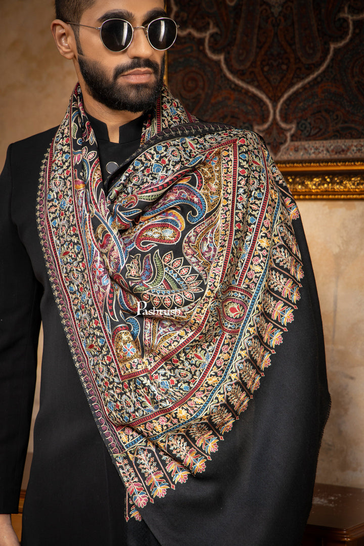 Pashtush India Mens Scarves Stoles and Mufflers Pashtush Mens Stole, Silk Wool with Intricate Kashmiri Embroidery, Rich Black