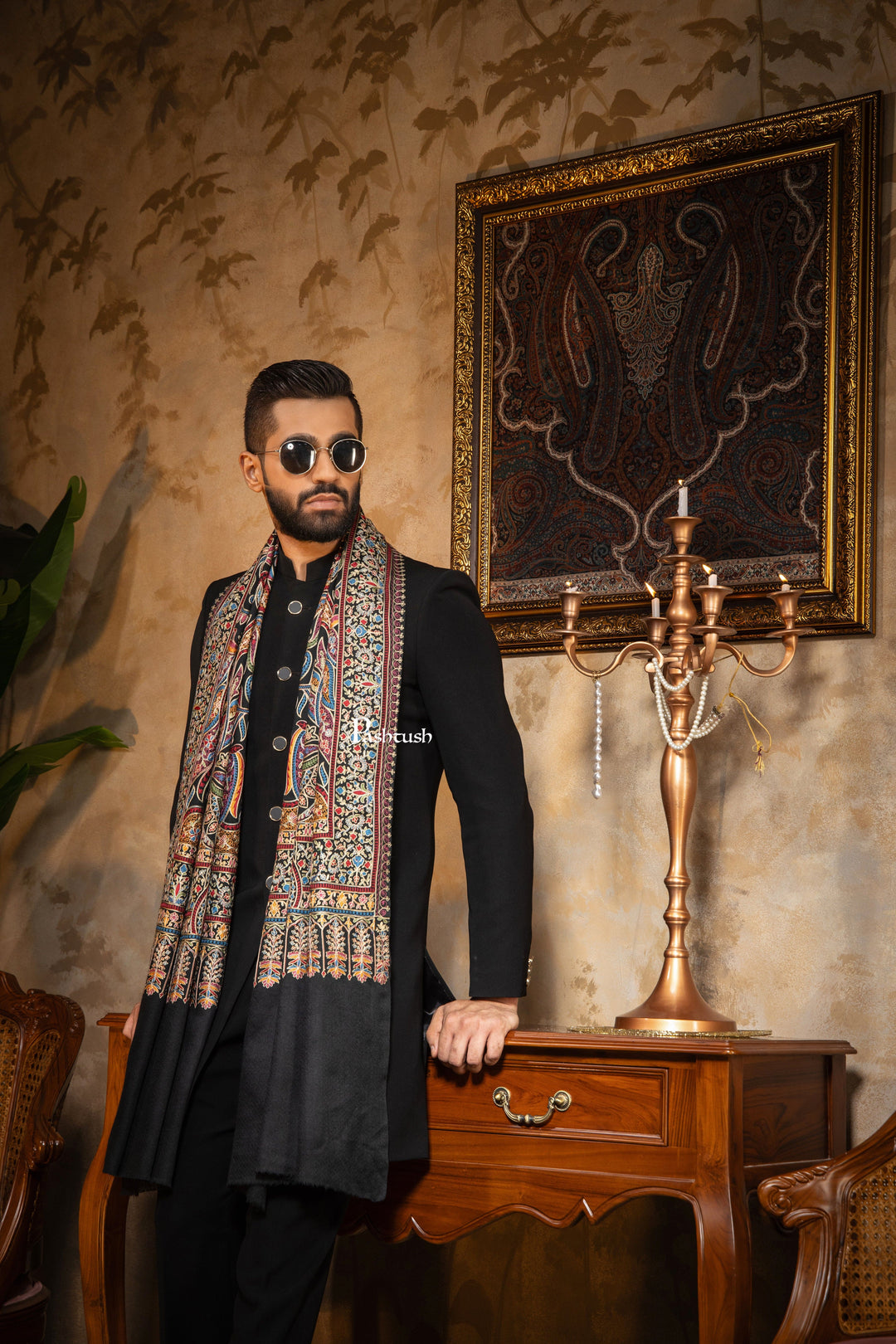 Pashtush India Mens Scarves Stoles and Mufflers Pashtush Mens Stole, Silk Wool with Intricate Kashmiri Embroidery, Rich Black