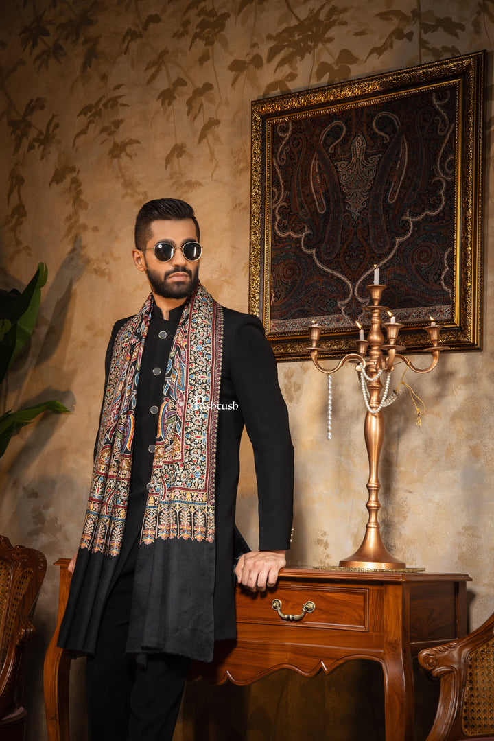 Pashtush India Mens Scarves Stoles and Mufflers Pashtush Mens Stole, Silk Wool with Intricate Kashmiri Embroidery, Rich Black