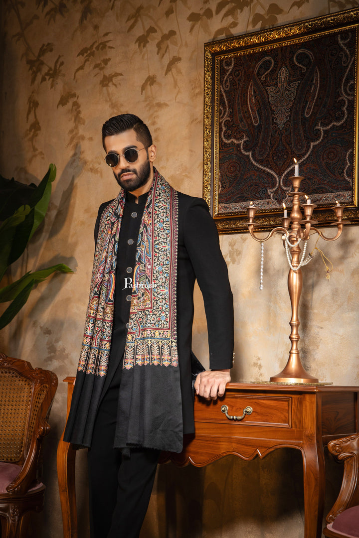Pashtush India Mens Scarves Stoles and Mufflers Pashtush Mens Stole, Silk Wool with Intricate Kashmiri Embroidery, Rich Black