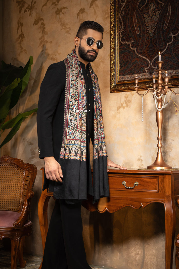Pashtush India Mens Scarves Stoles and Mufflers Pashtush Mens Stole, Silk Wool with Intricate Kashmiri Embroidery, Rich Black
