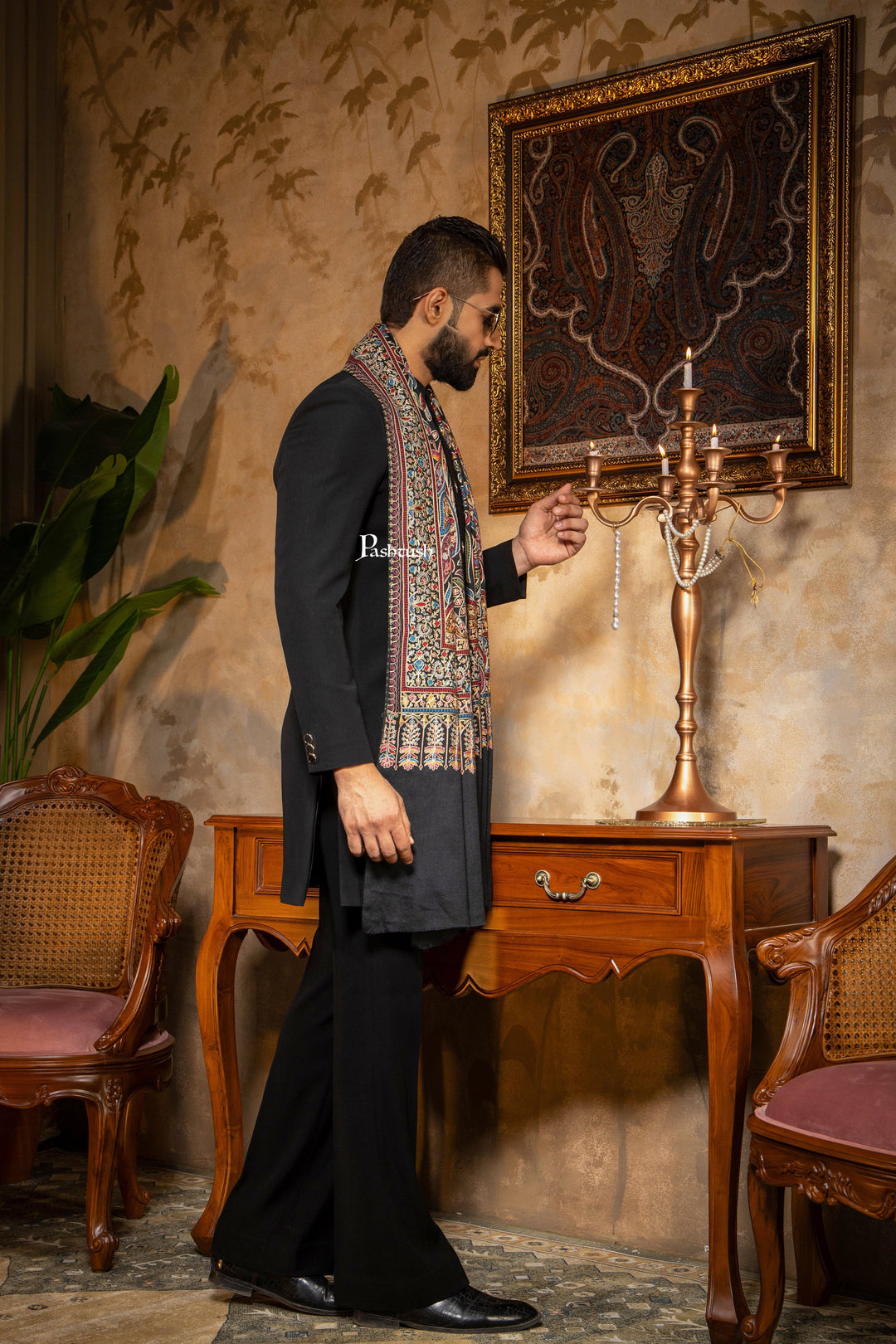 Pashtush India Mens Scarves Stoles and Mufflers Pashtush Mens Stole, Silk Wool with Intricate Kashmiri Embroidery, Rich Black