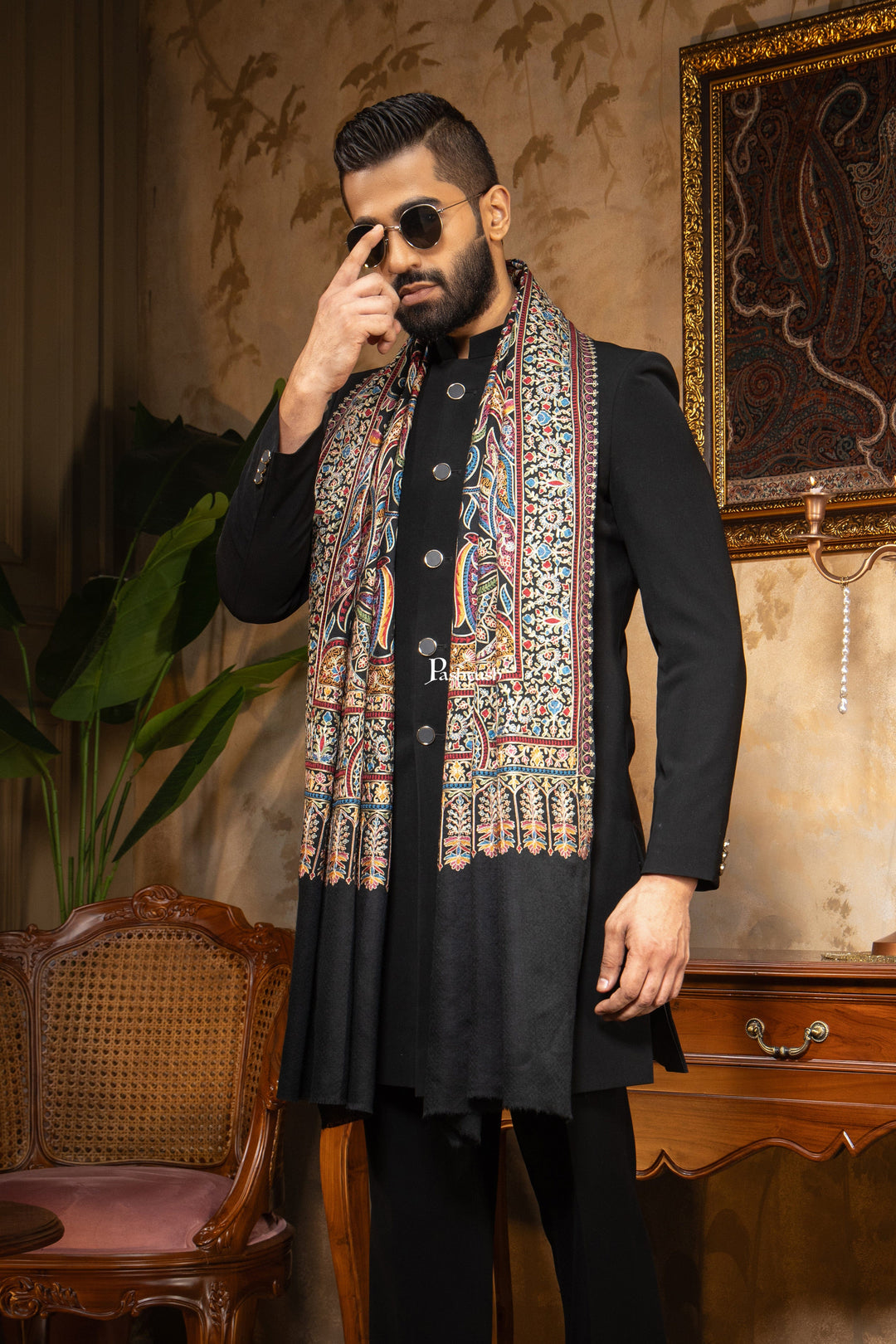 Pashtush India Mens Scarves Stoles and Mufflers Pashtush Mens Stole, Silk Wool with Intricate Kashmiri Embroidery, Rich Black