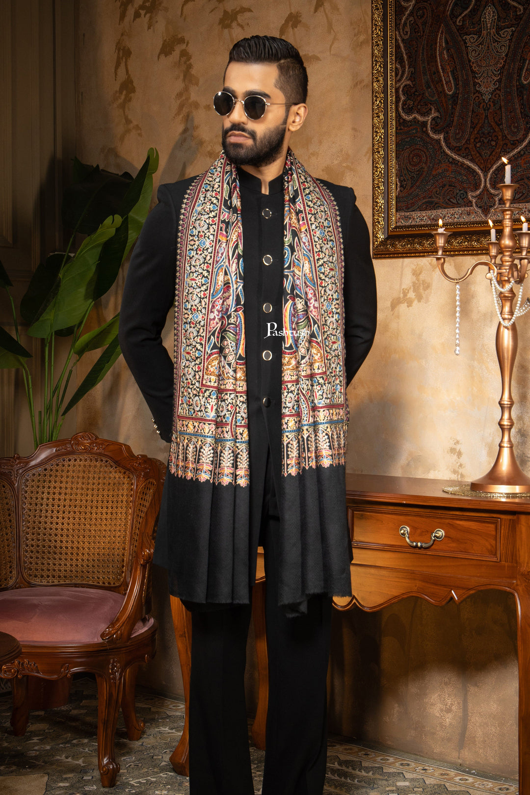 Pashtush India Mens Scarves Stoles and Mufflers Pashtush Mens Stole, Silk Wool with Intricate Kashmiri Embroidery, Rich Black