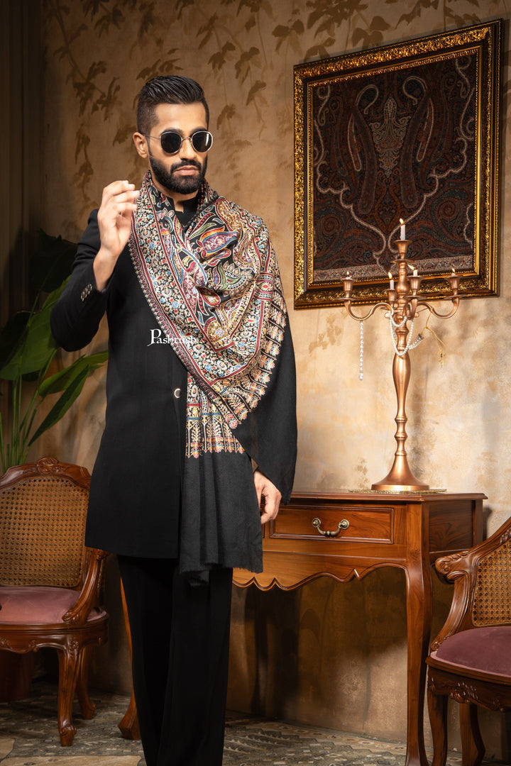 Pashtush India Mens Scarves Stoles and Mufflers Pashtush Mens Stole, Silk Wool with Intricate Kashmiri Embroidery, Rich Black
