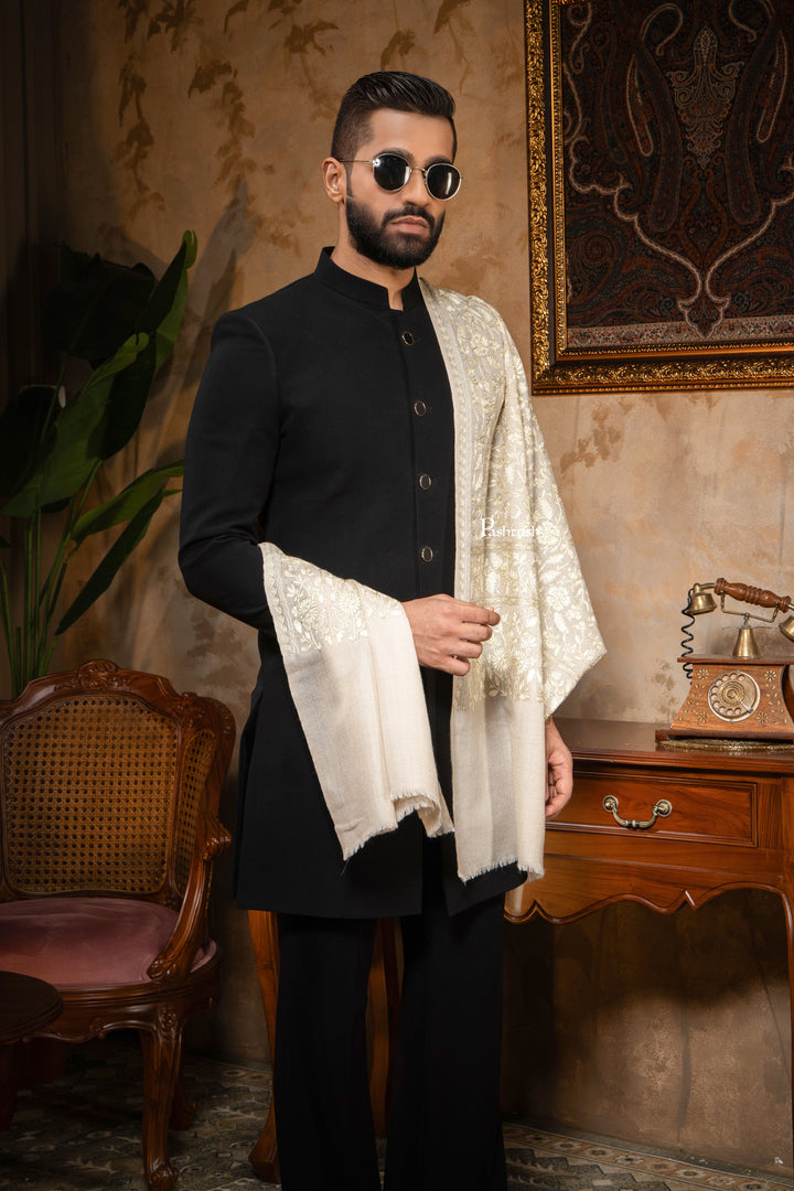 Pashtush India Mens Scarves Stoles and Mufflers Pashtush Mens Stole, Silk Wool with Intricate Kashmiri Embroidery, Tone on Tone, Ivory