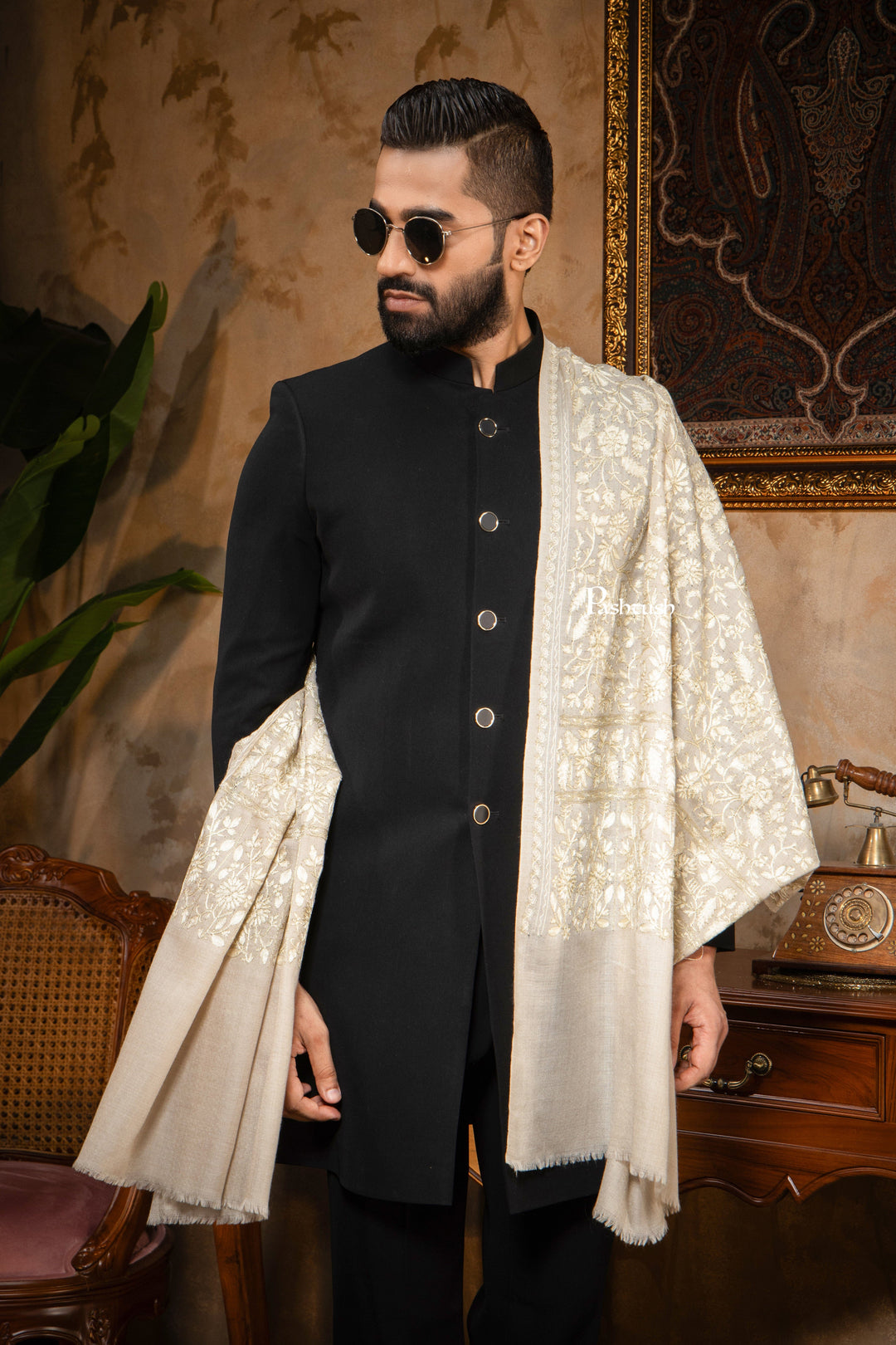 Pashtush India Mens Scarves Stoles and Mufflers Pashtush Mens Stole, Silk Wool with Intricate Kashmiri Embroidery, Tone on Tone, Ivory