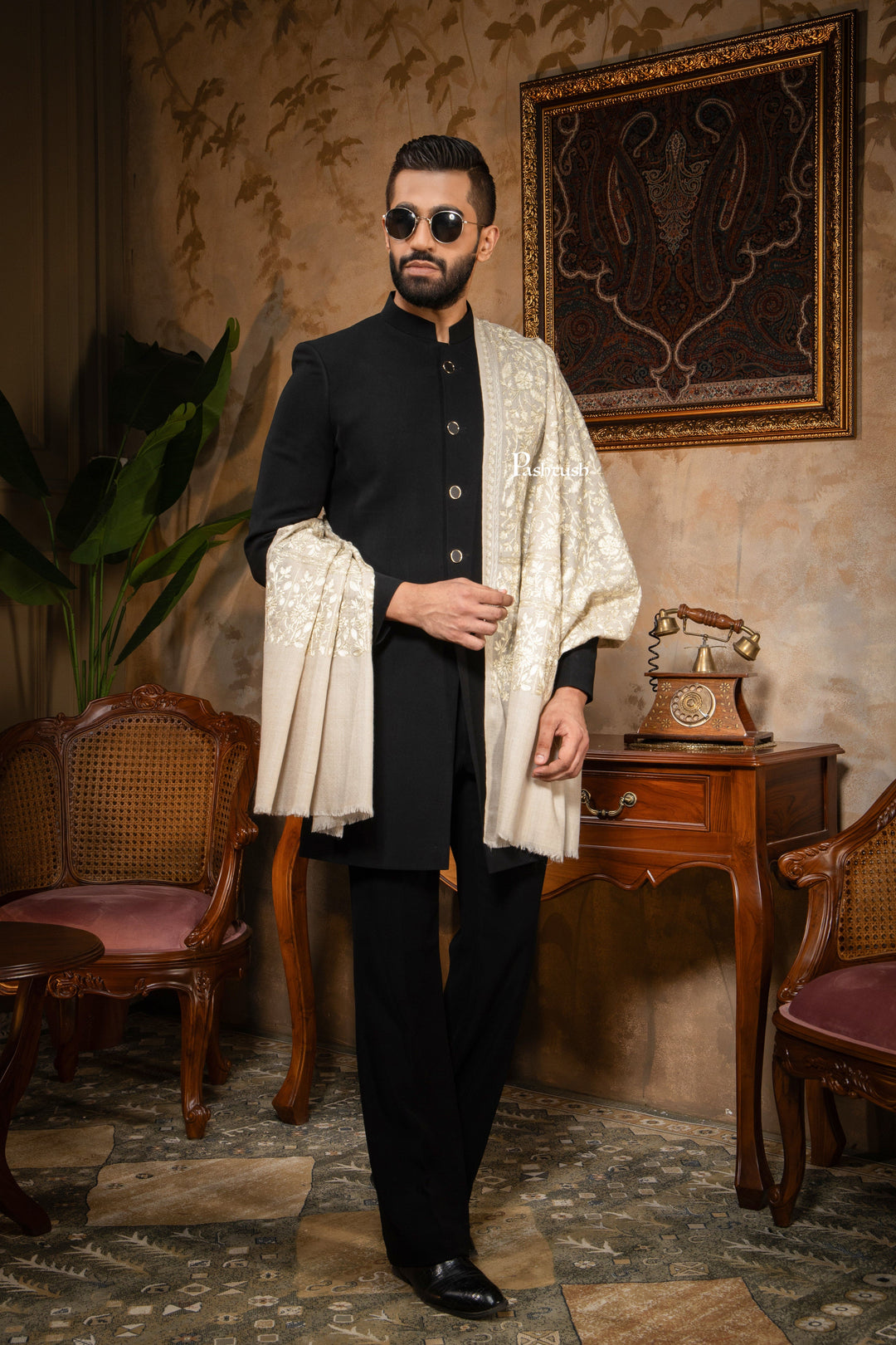 Pashtush India Mens Scarves Stoles and Mufflers Pashtush Mens Stole, Silk Wool with Intricate Kashmiri Embroidery, Tone on Tone, Ivory