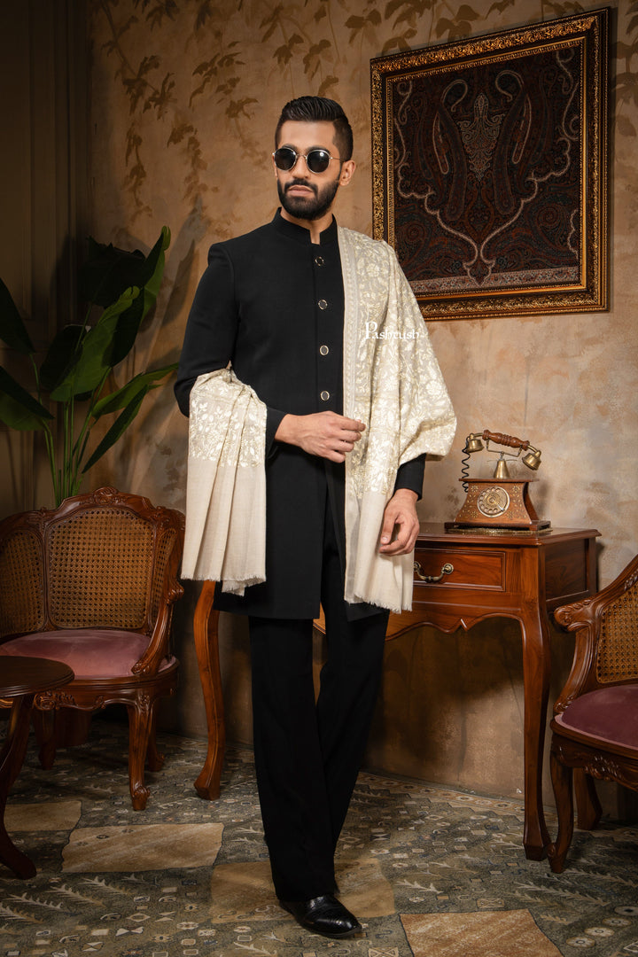Pashtush India Mens Scarves Stoles and Mufflers Pashtush Mens Stole, Silk Wool with Intricate Kashmiri Embroidery, Tone on Tone, Ivory
