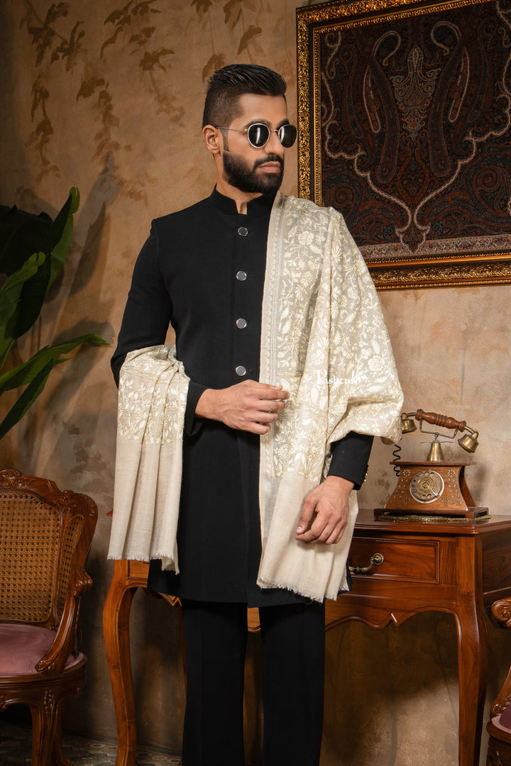 Pashtush India Mens Scarves Stoles and Mufflers Pashtush Mens Stole, Silk Wool with Intricate Kashmiri Embroidery, Tone on Tone, Ivory