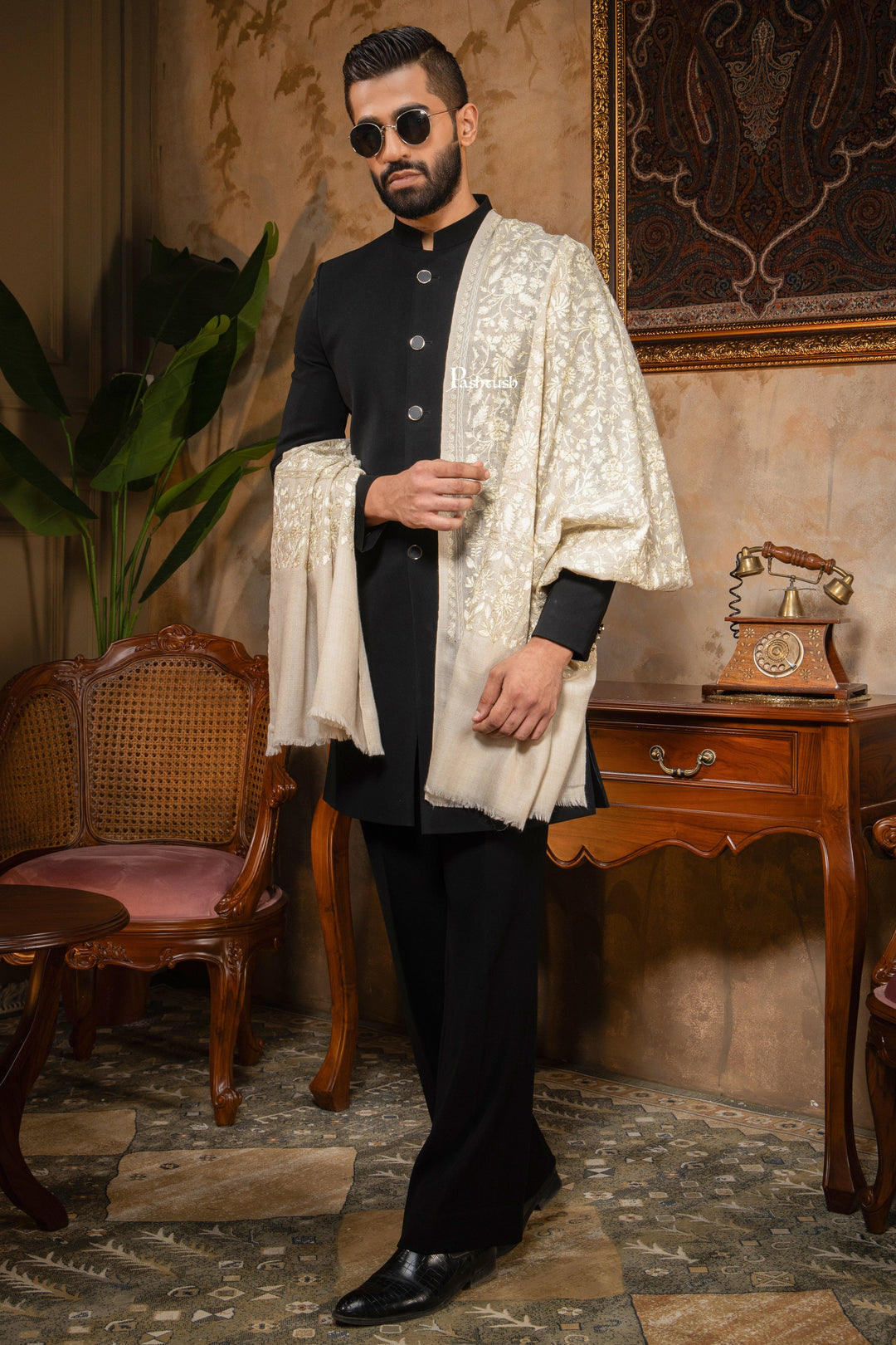 Pashtush India Mens Scarves Stoles and Mufflers Pashtush Mens Stole, Silk Wool with Intricate Kashmiri Embroidery, Tone on Tone, Ivory