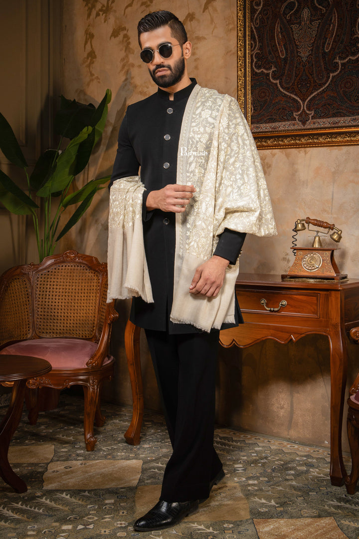 Pashtush India Mens Scarves Stoles and Mufflers Pashtush Mens Stole, Silk Wool with Intricate Kashmiri Embroidery, Tone on Tone, Ivory