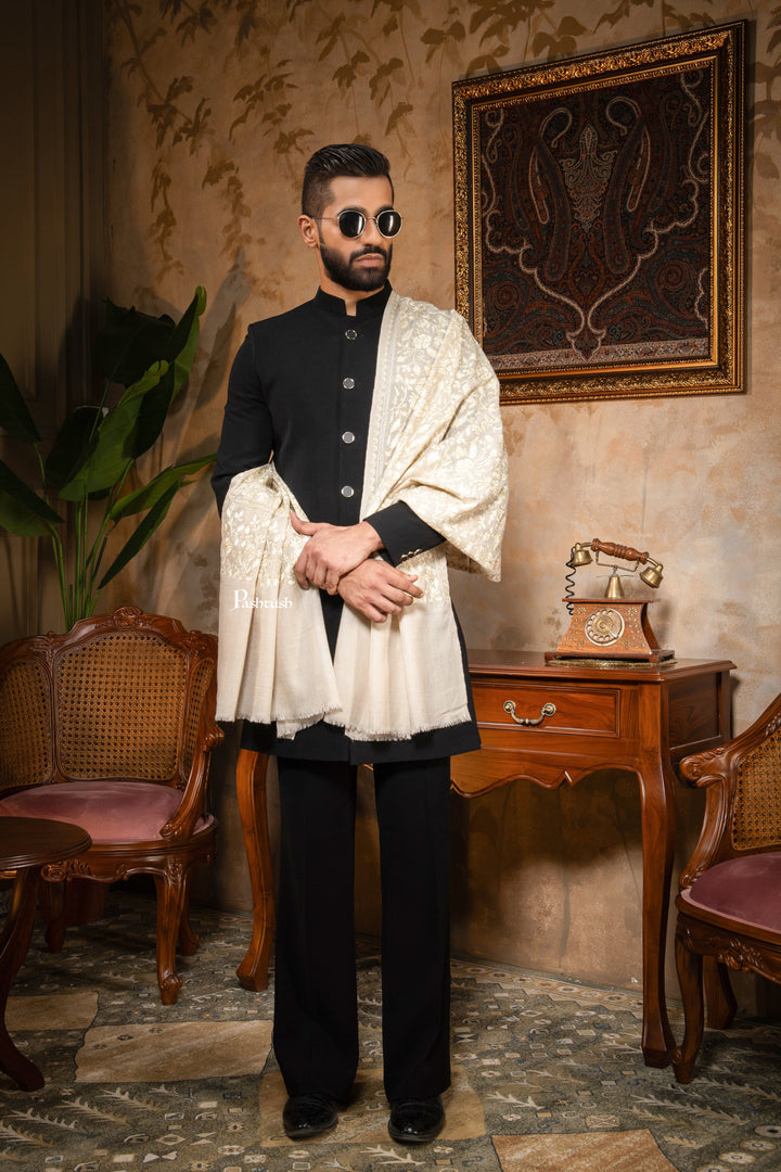 Pashtush India Mens Scarves Stoles and Mufflers Pashtush Mens Stole, Silk Wool with Intricate Kashmiri Embroidery, Tone on Tone, Ivory