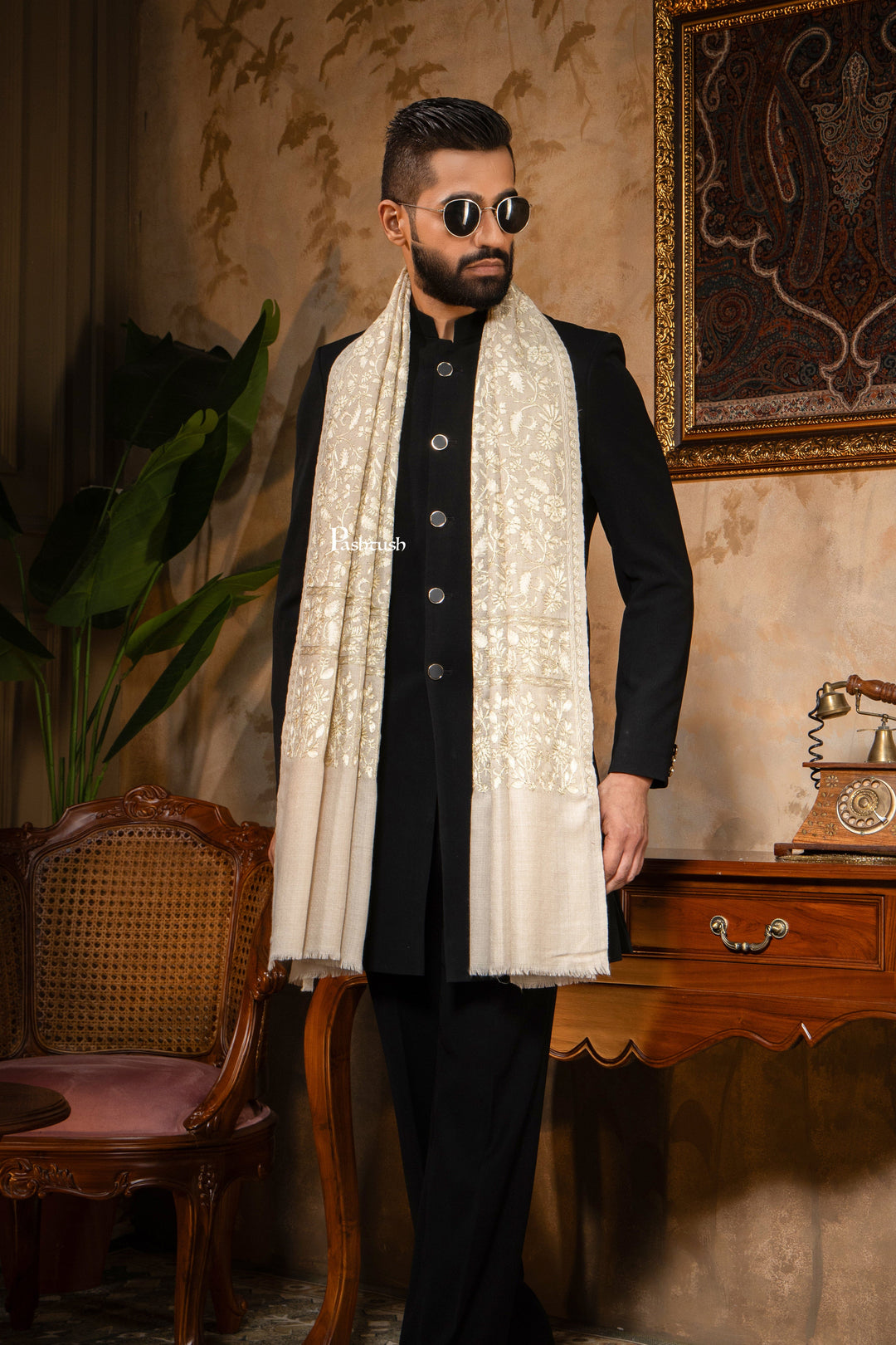 Pashtush India Mens Scarves Stoles and Mufflers Pashtush Mens Stole, Silk Wool with Intricate Kashmiri Embroidery, Tone on Tone, Ivory