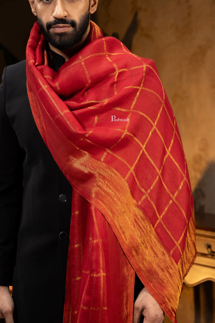 Pashtush India Mens Scarves Stoles and Mufflers Pashtush Mens Stole, Twilight Collection, Silk Wool, Checkered Metallic Weave, Maroon
