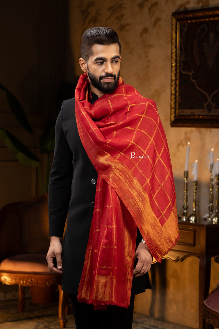 Pashtush India Mens Scarves Stoles and Mufflers Pashtush Mens Stole, Twilight Collection, Silk Wool, Checkered Metallic Weave, Maroon