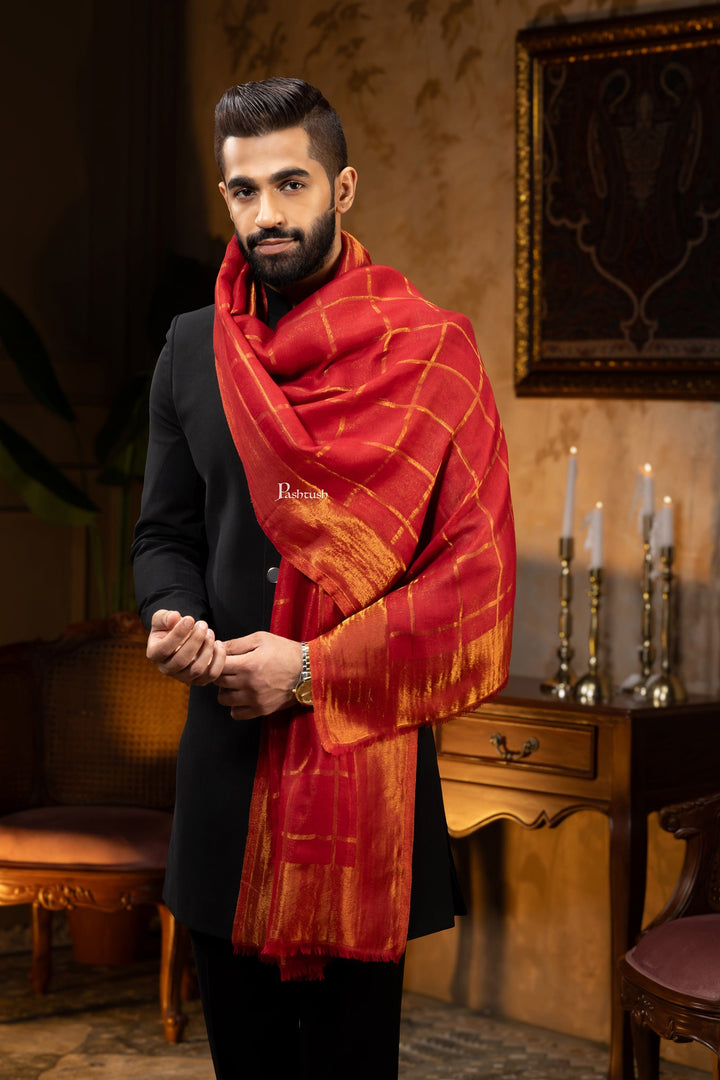 Pashtush India Mens Scarves Stoles and Mufflers Pashtush Mens Stole, Twilight Collection, Silk Wool, Checkered Metallic Weave, Maroon