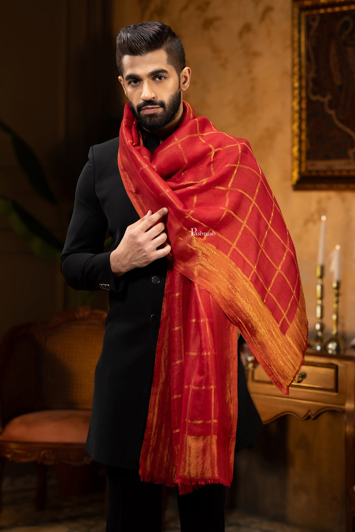 Pashtush India Mens Scarves Stoles and Mufflers Pashtush Mens Stole, Twilight Collection, Silk Wool, Checkered Metallic Weave, Maroon