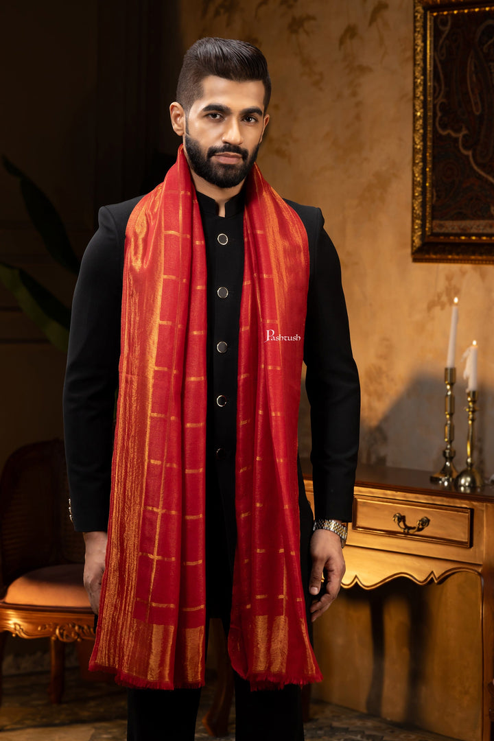 Pashtush India Mens Scarves Stoles and Mufflers Pashtush Mens Stole, Twilight Collection, Silk Wool, Checkered Metallic Weave, Maroon