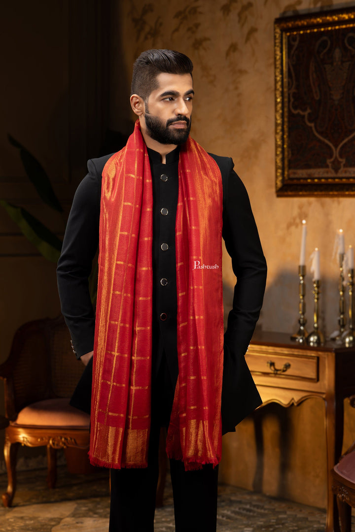 Pashtush India Mens Scarves Stoles and Mufflers Pashtush Mens Stole, Twilight Collection, Silk Wool, Checkered Metallic Weave, Maroon