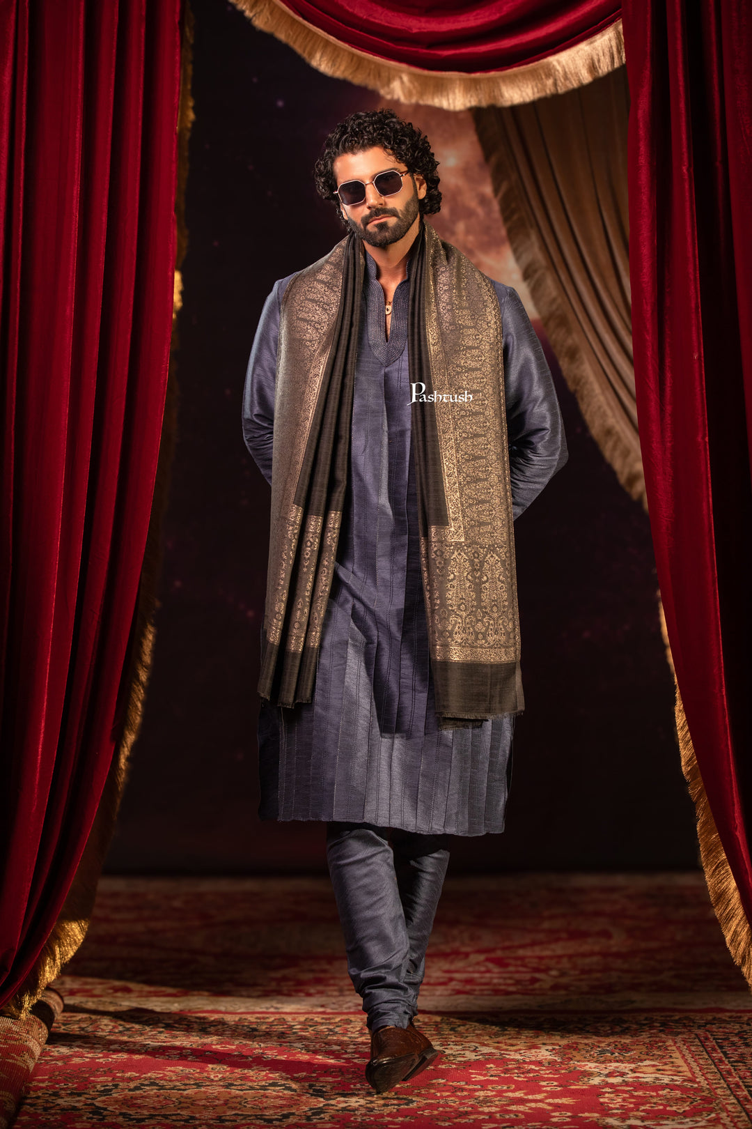 Pashtush India Mens Scarves Stoles and Mufflers Pashtush Mens Stole, Twilight Design, Black