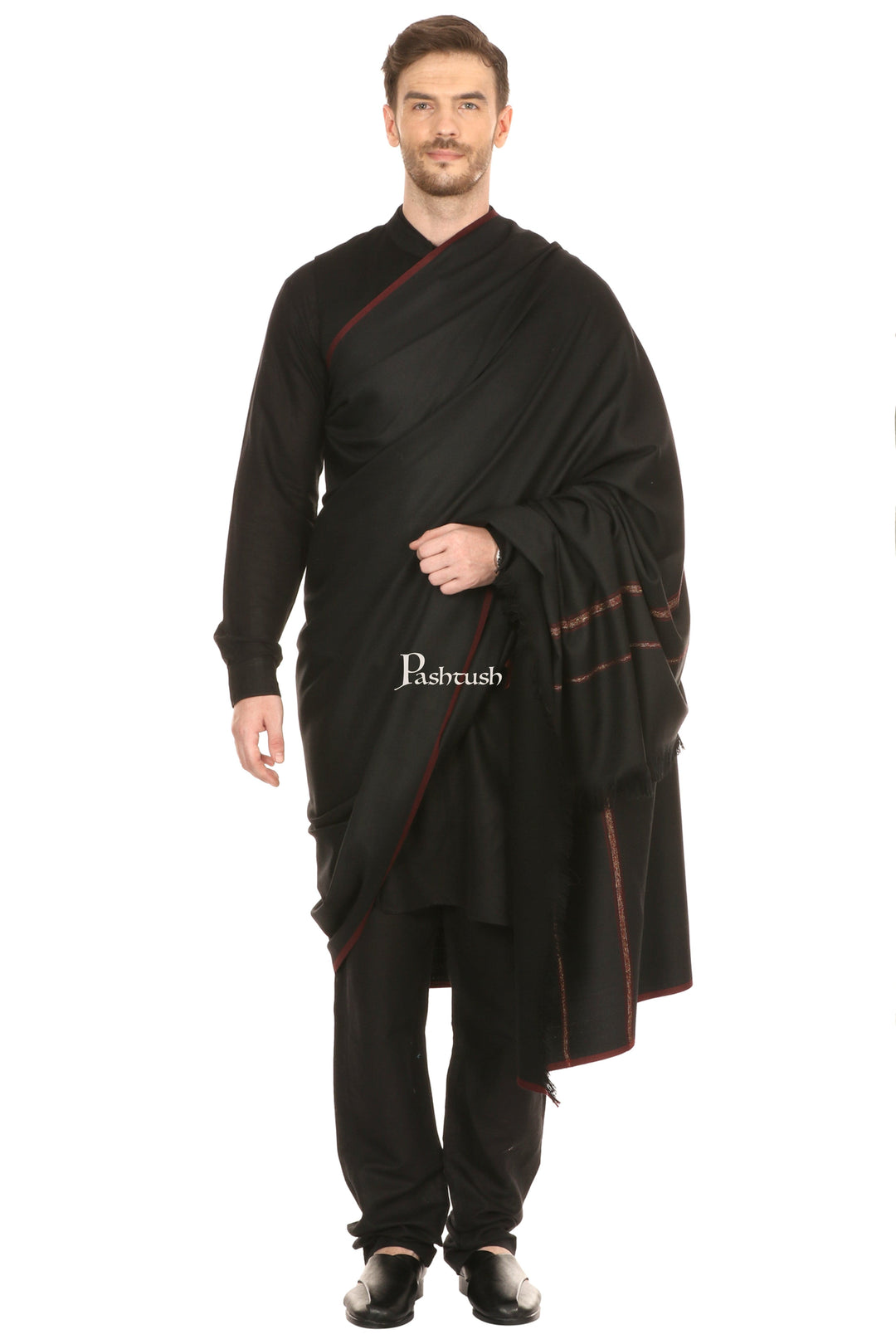 Pashtush India Mens Shawls Gents Shawl Pashtush Mens Thick Shawl Gents Lohi Woven Kinauri Design, Black