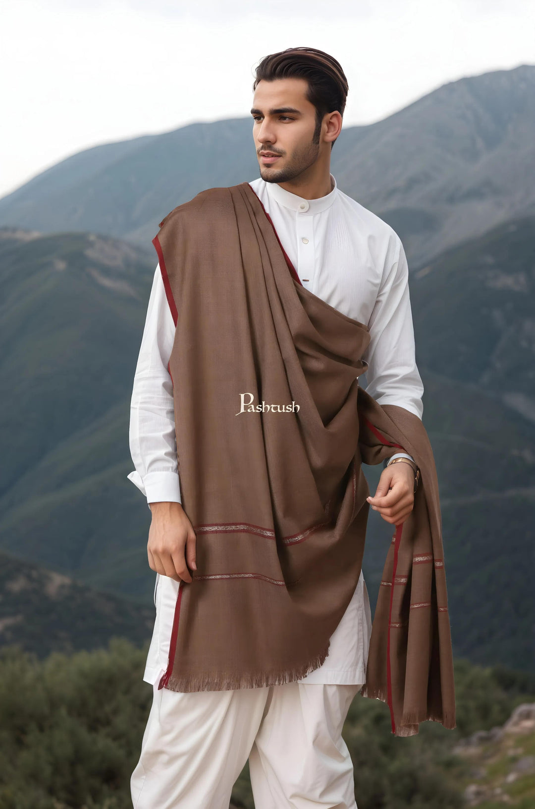 Pashtush India Mens Shawls Gents Shawl Pashtush Mens Thick Shawl Gents Lohi Woven Kinauri Design Fine Wool Full Size, Taupe
