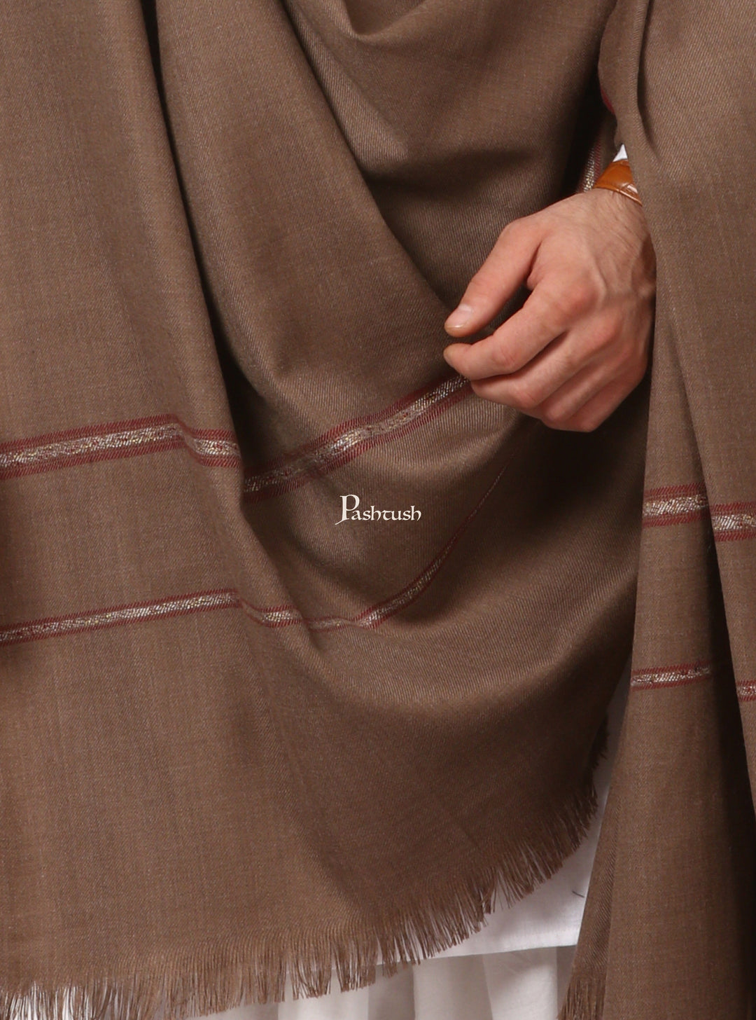 Pashtush India Mens Shawls Gents Shawl Pashtush Mens Thick Shawl Gents Lohi Woven Kinauri Design Fine Wool Full Size, Taupe