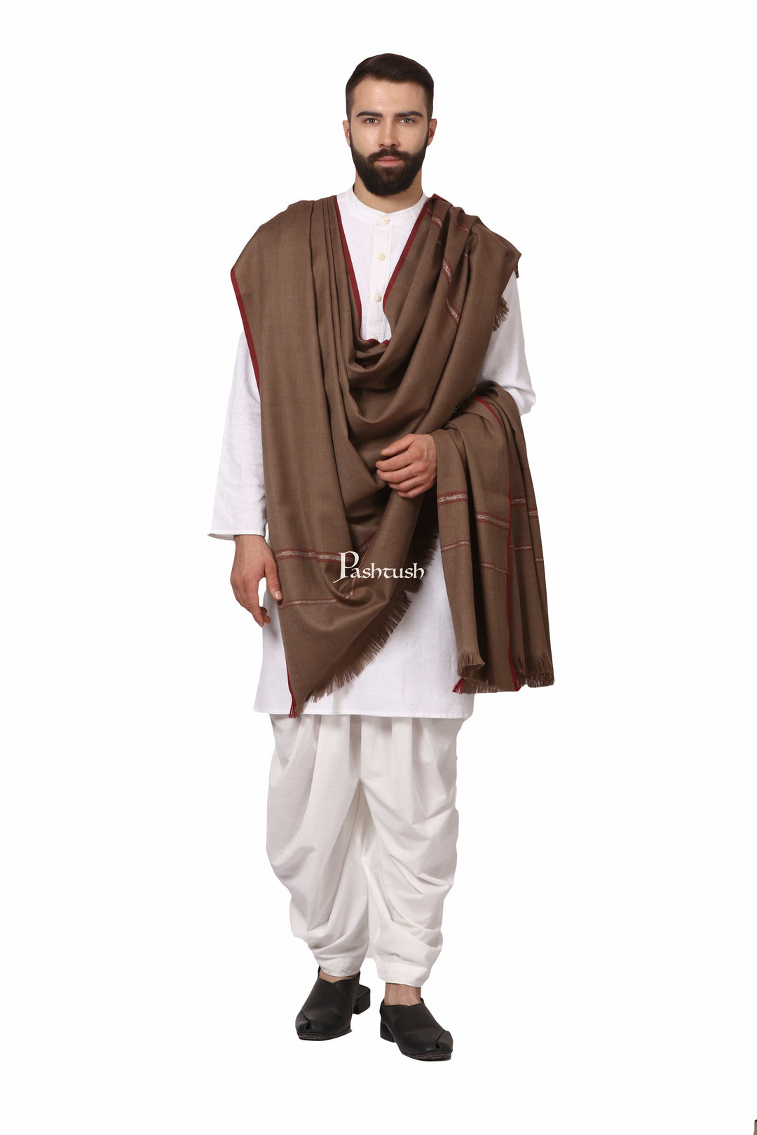 Pashtush India Mens Shawls Gents Shawl Pashtush Mens Thick Shawl Gents Lohi Woven Kinauri Design Fine Wool Full Size, Taupe