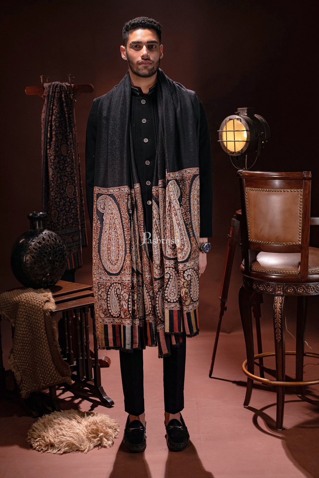 Pashtush India Mens Shawls Gents Shawl Pashtush Mens Tilla Hand Embroidered Ethnic palla Shawl, Full Size, Extra Fine Count Wool, Black