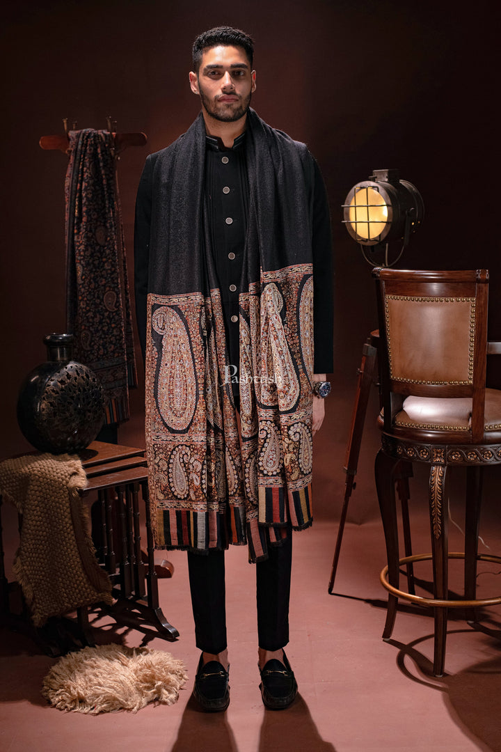Pashtush India Mens Shawls Gents Shawl Pashtush Mens Tilla Hand Embroidered Ethnic palla Shawl, Full Size, Extra Fine Count Wool, Black