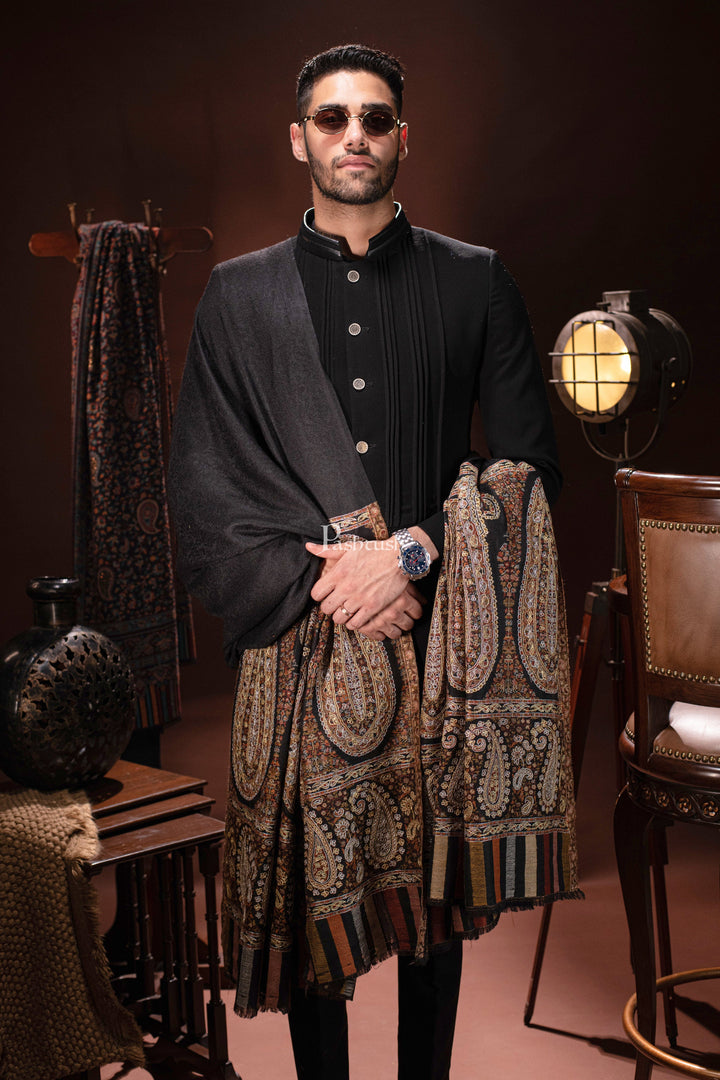 Pashtush India Mens Shawls Gents Shawl Pashtush Mens Tilla Hand Embroidered Ethnic palla Shawl, Full Size, Extra Fine Count Wool, Black