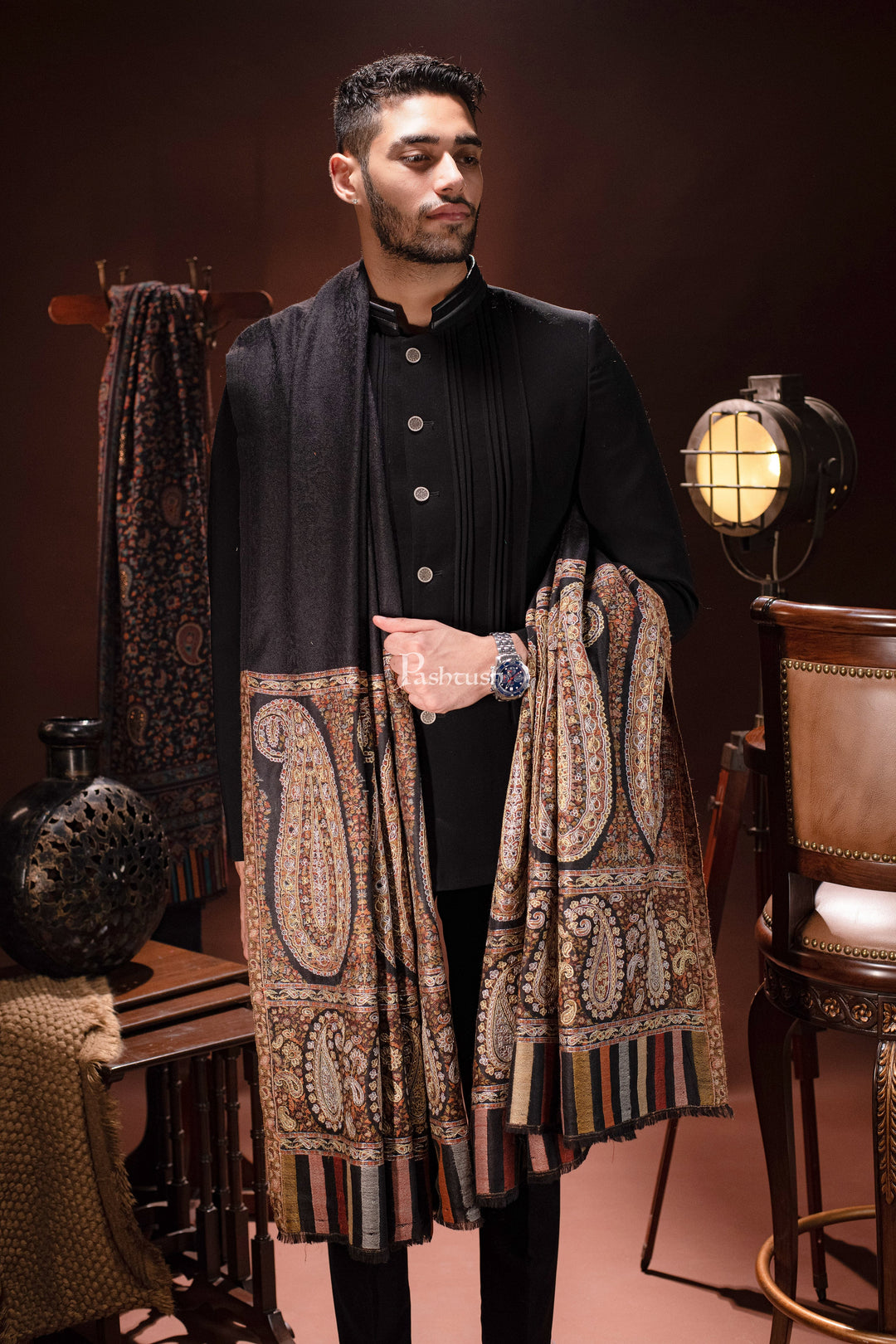 Pashtush India Mens Shawls Gents Shawl Pashtush Mens Tilla Hand Embroidered Ethnic palla Shawl, Full Size, Extra Fine Count Wool, Black