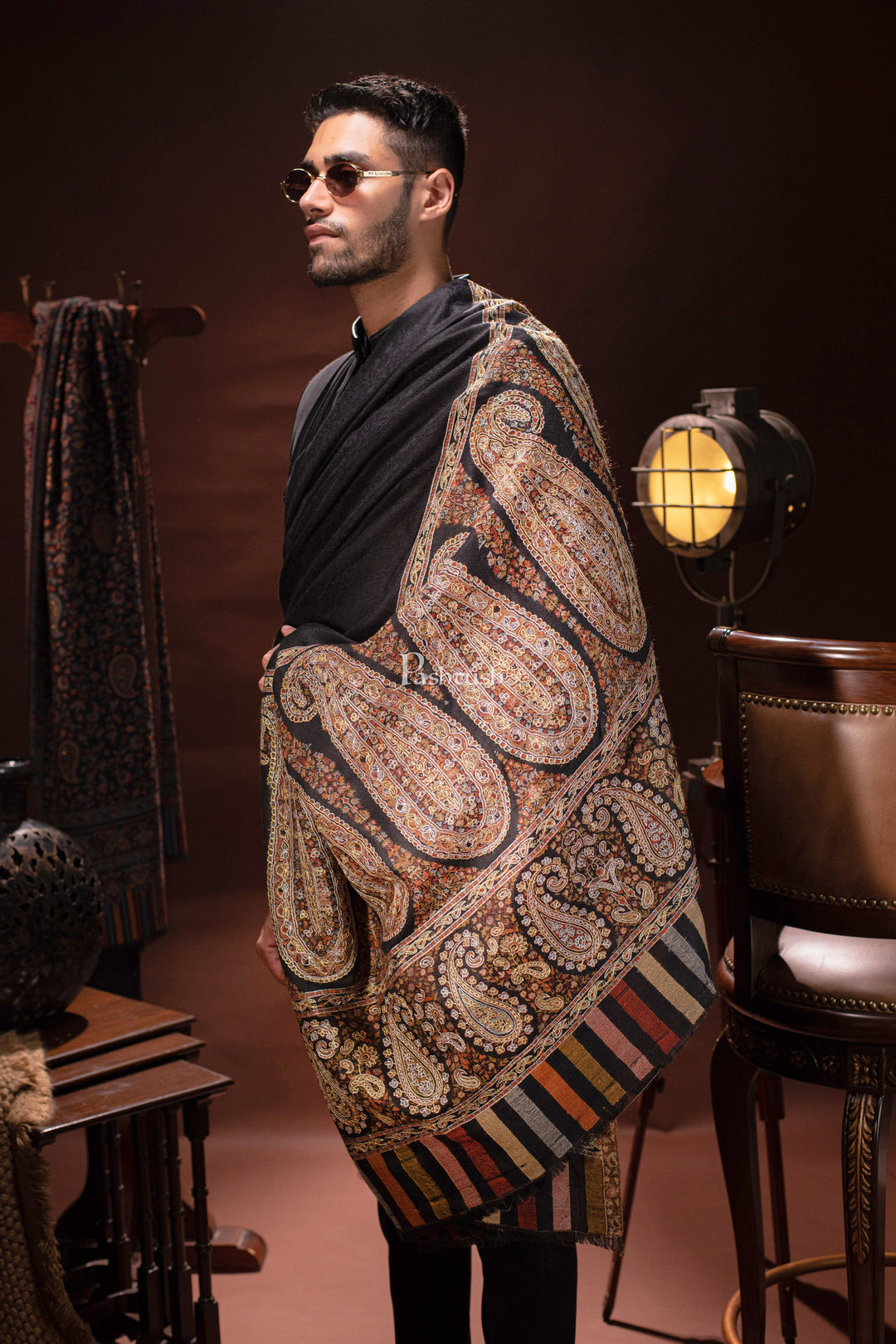 Pashtush India Mens Shawls Gents Shawl Pashtush Mens Tilla Hand Embroidered Ethnic palla Shawl, Full Size, Extra Fine Count Wool, Black