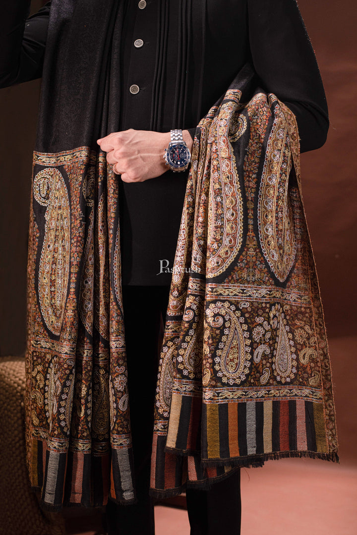 Pashtush India Mens Shawls Gents Shawl Pashtush Mens Tilla Hand Embroidered Ethnic palla Shawl, Full Size, Extra Fine Count Wool, Black