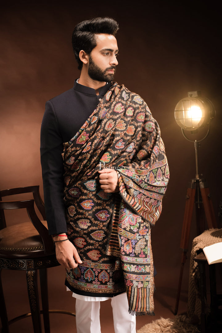 Pashtush India Mens Shawls Gents Shawl Pashtush Mens Tilla Hand Embroidered Shawl, Full Size, Extra Fine Count Wool, Black
