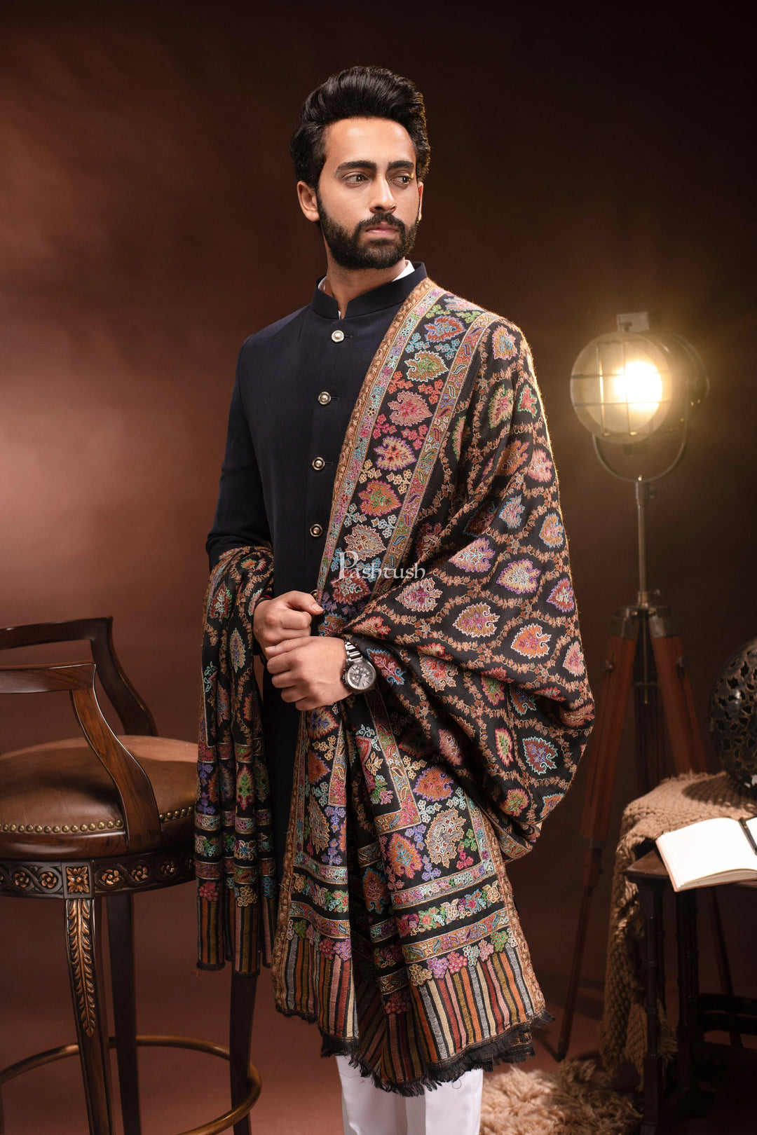 Pashtush India Mens Shawls Gents Shawl Pashtush Mens Tilla Hand Embroidered Shawl, Full Size, Extra Fine Count Wool, Black