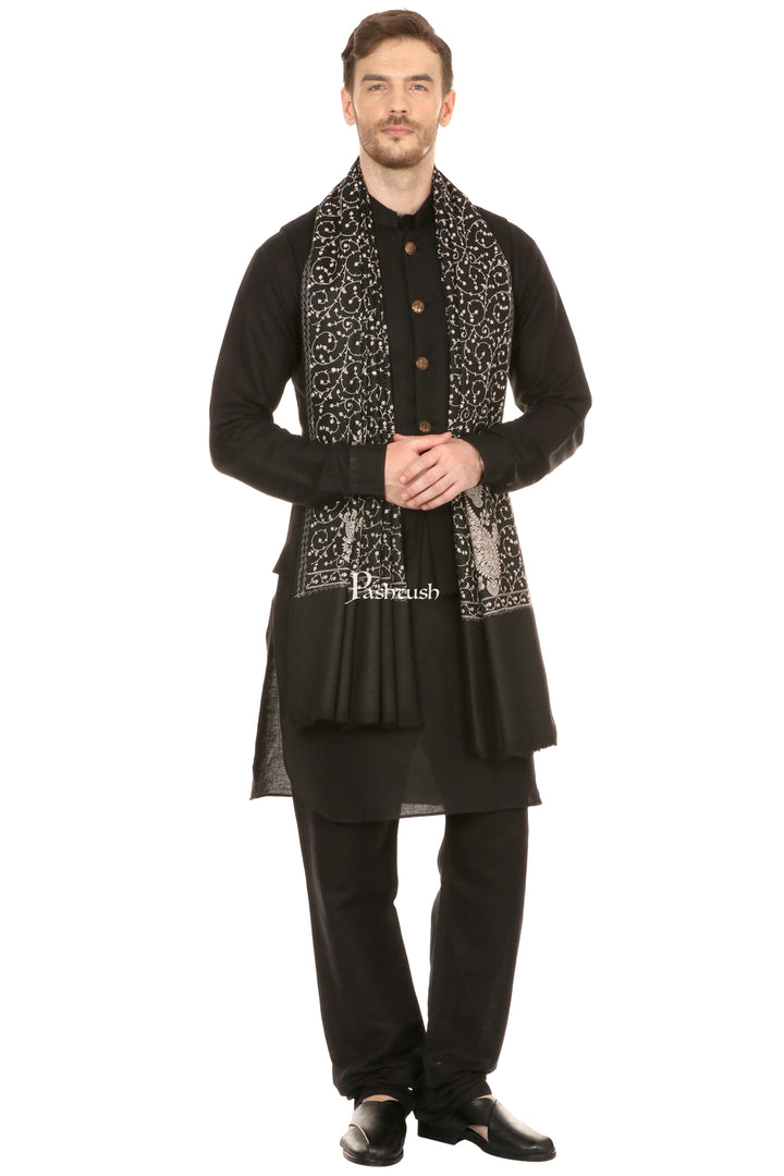 Pashtush India Mens Scarves Stoles and Mufflers Pashtush Mens Tone On Tone Embroidery Stole - Black