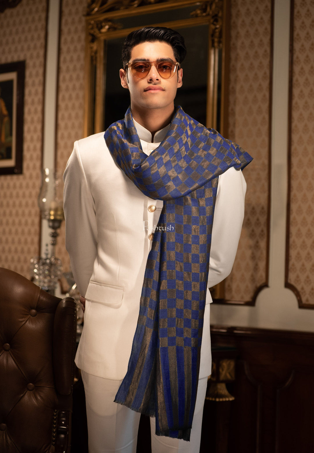 Pashtush India Mens Scarves Stoles and Mufflers Pashtush Mens Twilight Collection, Checkered Metallic Thread Weave, Fine Wool, Blue and golden