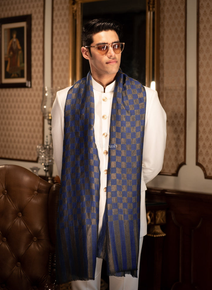 Pashtush India Mens Scarves Stoles and Mufflers Pashtush Mens Twilight Collection, Checkered Metallic Thread Weave, Fine Wool, Blue and golden