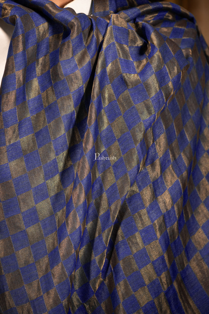 Pashtush India Mens Scarves Stoles and Mufflers Pashtush Mens Twilight Collection, Checkered Metallic Thread Weave, Fine Wool, Blue and golden