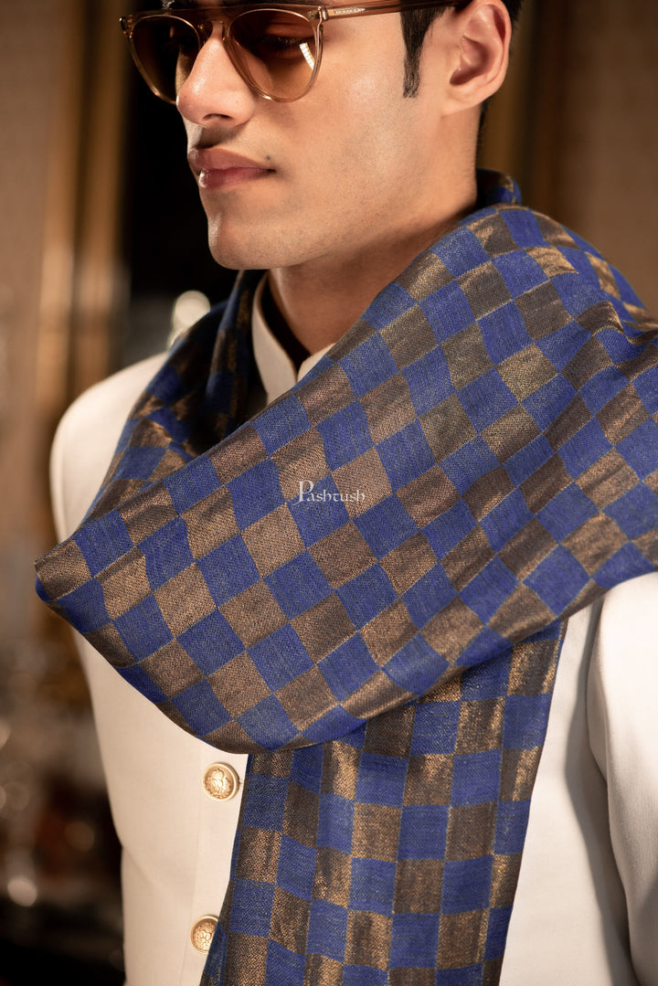 Pashtush India Mens Scarves Stoles and Mufflers Pashtush Mens Twilight Collection, Checkered Metallic Thread Weave, Fine Wool, Blue and golden