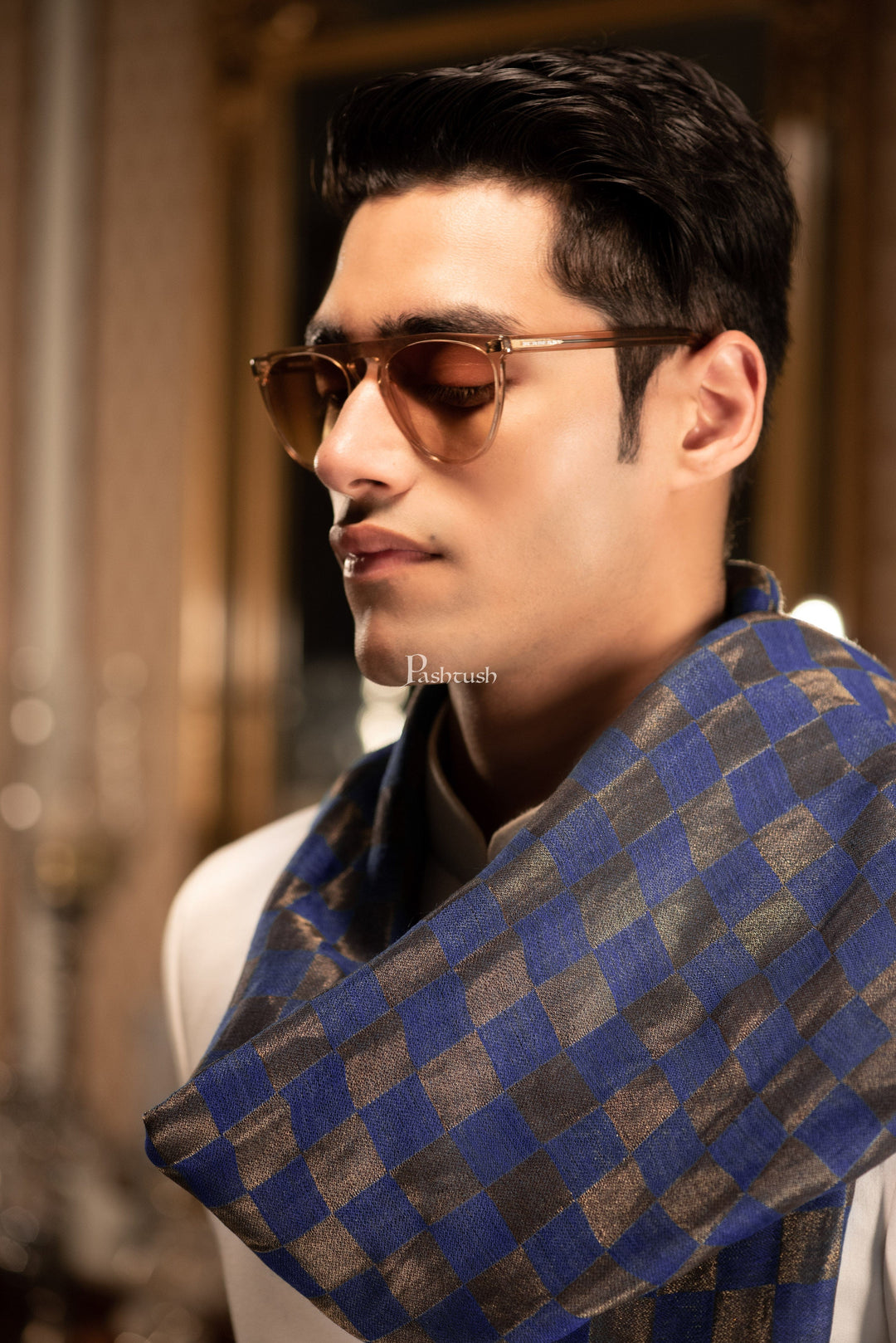 Pashtush India Mens Scarves Stoles and Mufflers Pashtush Mens Twilight Collection, Checkered Metallic Thread Weave, Fine Wool, Blue and golden
