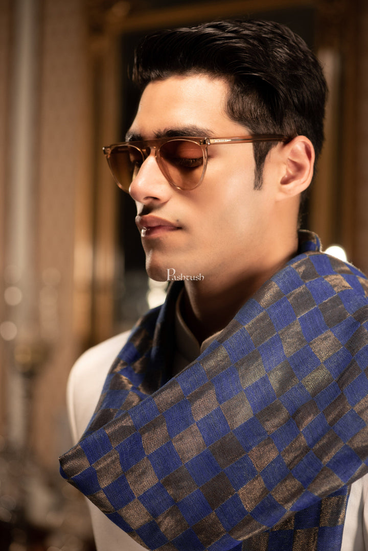Pashtush India Mens Scarves Stoles and Mufflers Pashtush Mens Twilight Collection, Checkered Metallic Thread Weave, Fine Wool, Blue and golden