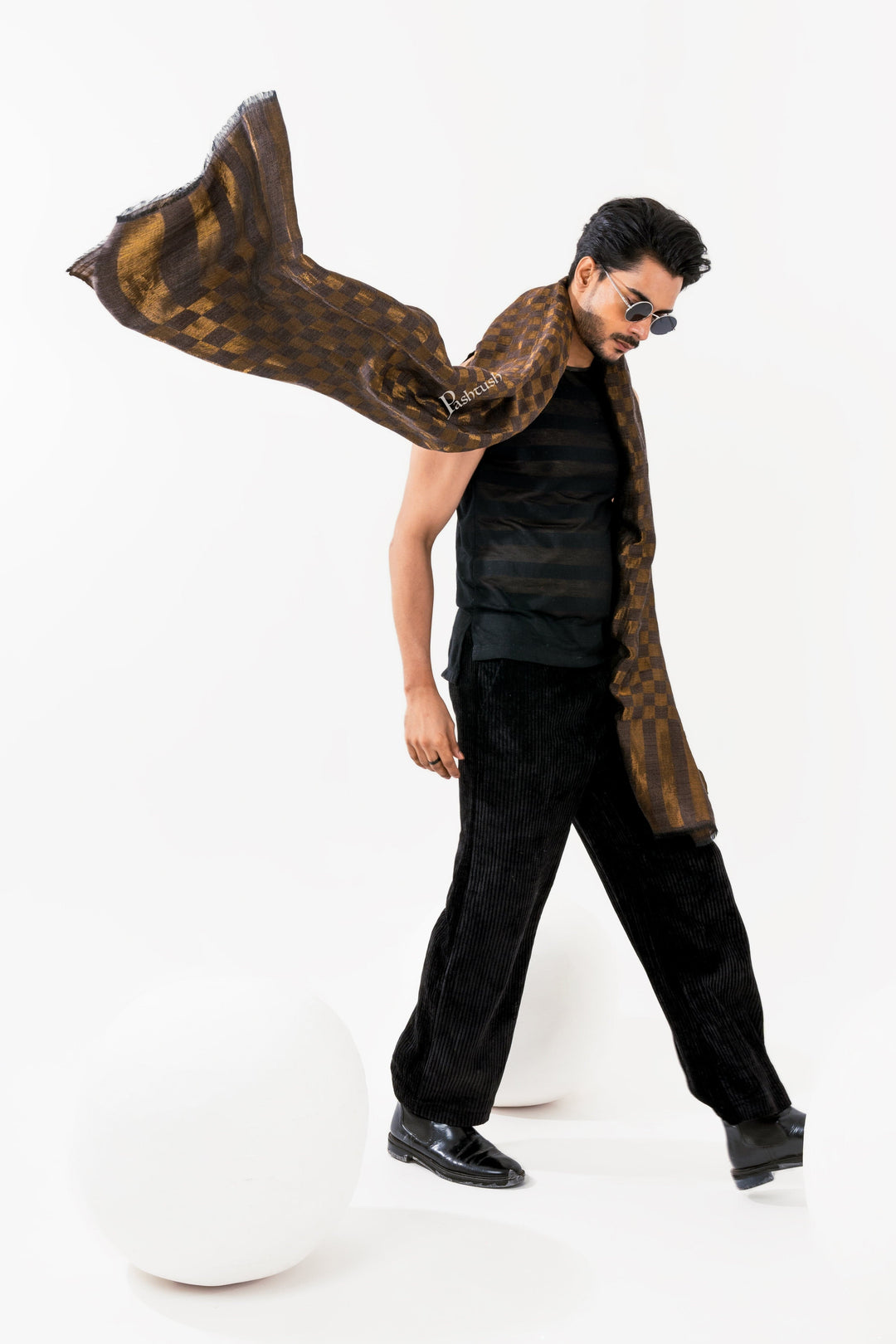 Pashtush India Mens Scarves Stoles and Mufflers Pashtush Mens Twilight Collection, Checkered Metallic Thread Weave, Fine Wool, Gold Tuscan