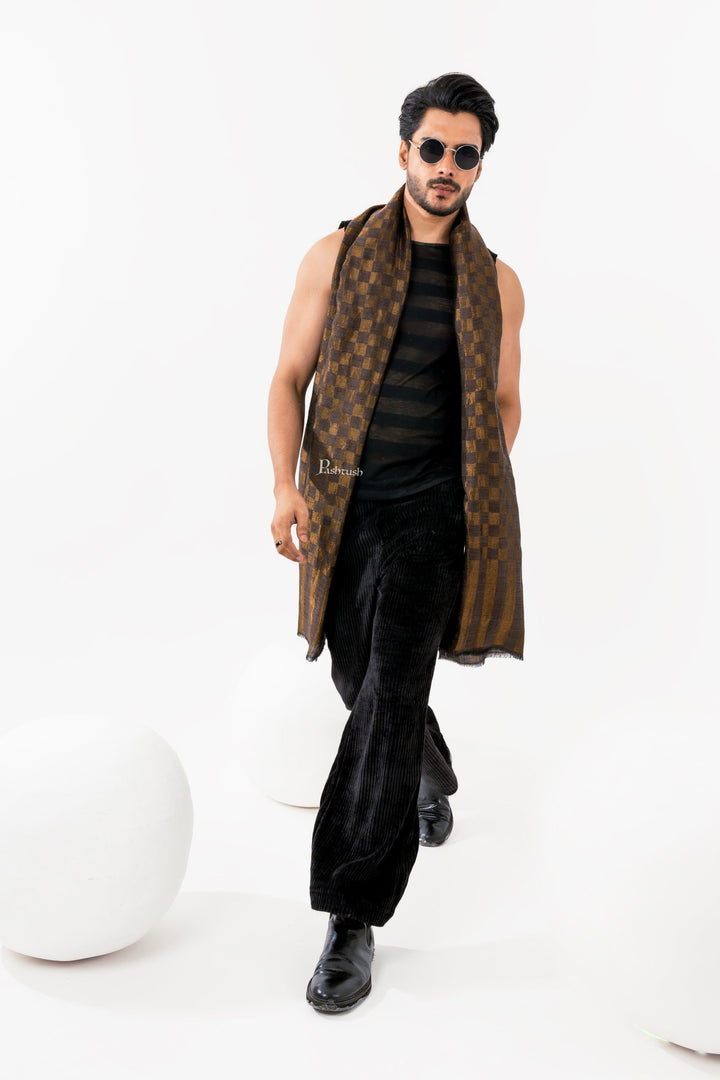 Pashtush India Mens Scarves Stoles and Mufflers Pashtush Mens Twilight Collection, Checkered Metallic Thread Weave, Fine Wool, Gold Tuscan