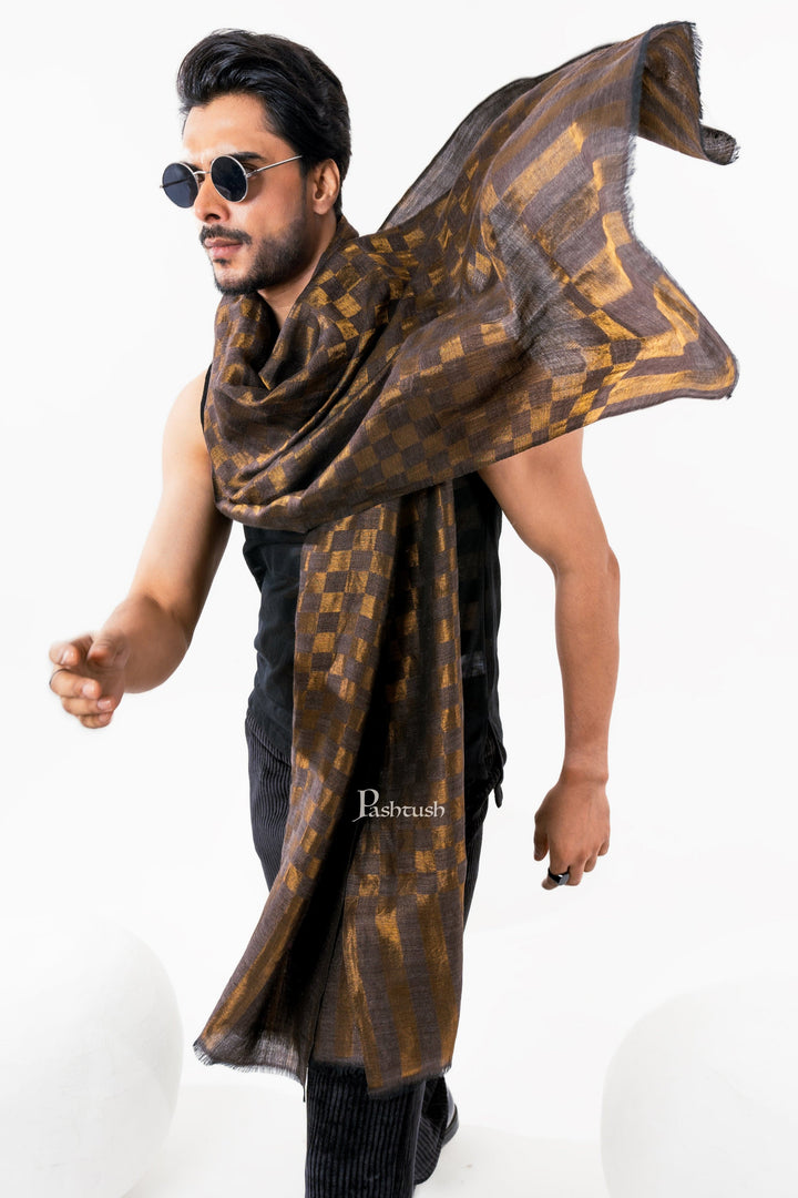 Pashtush India Mens Scarves Stoles and Mufflers Pashtush Mens Twilight Collection, Checkered Metallic Thread Weave, Fine Wool, Gold Tuscan