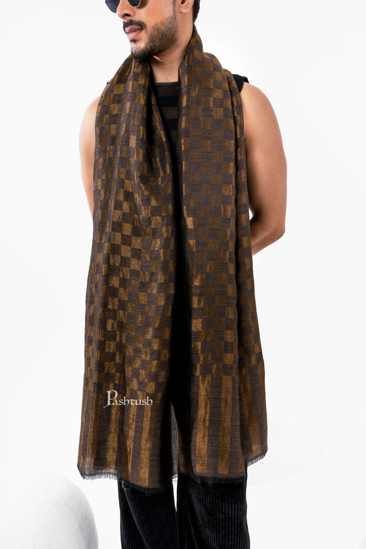 Pashtush India Mens Scarves Stoles and Mufflers Pashtush Mens Twilight Collection, Checkered Metallic Thread Weave, Fine Wool, Gold Tuscan