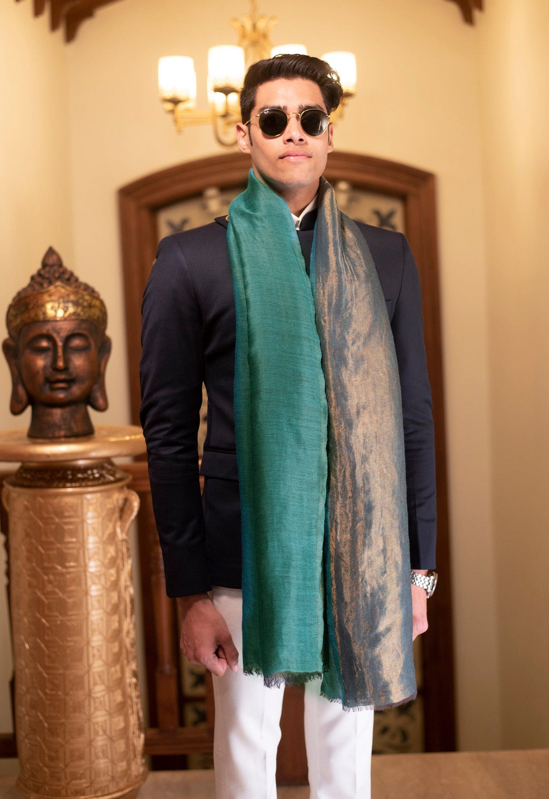 Pashtush India Mens Scarves Stoles and Mufflers Pashtush Mens Twilight Collection, Reversible With Metallic Thread Weave, Fine Wool, Azure